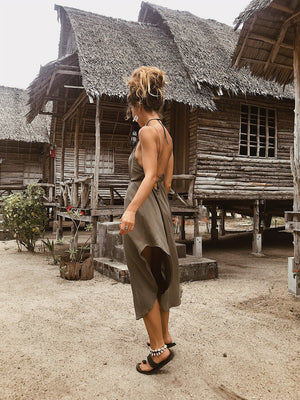 Women Slip Dress | Basic dress | Olive | Open back dress | Green dress | Party Dress | Mid-length | Knee length | Elegant | Cocktail Dress