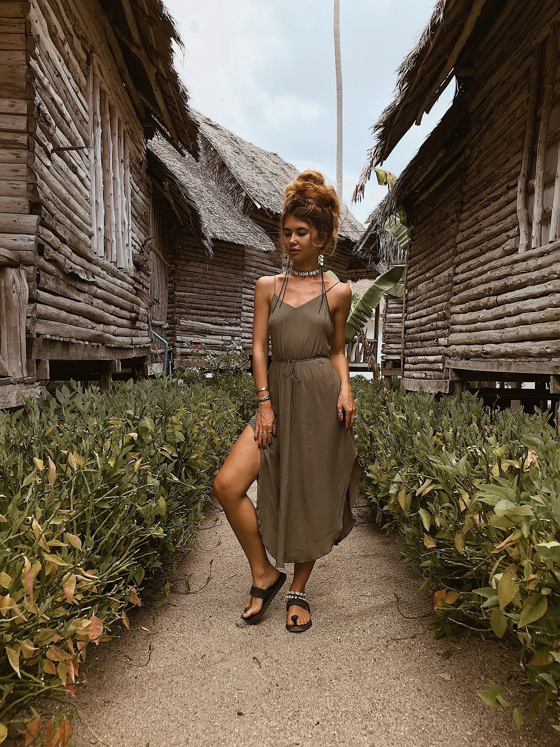 Women Slip Dress | Basic dress | Olive | Open back dress | Green dress | Party Dress | Mid-length | Knee length | Elegant | Cocktail Dress