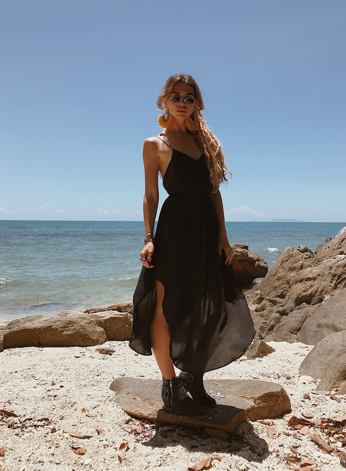 Women Slip Dress | Minimal | Dress | Black | Cocktail | Dark | Party Dress | Long | Knee length | Dress | Elegant | Cocktail | Slit dress