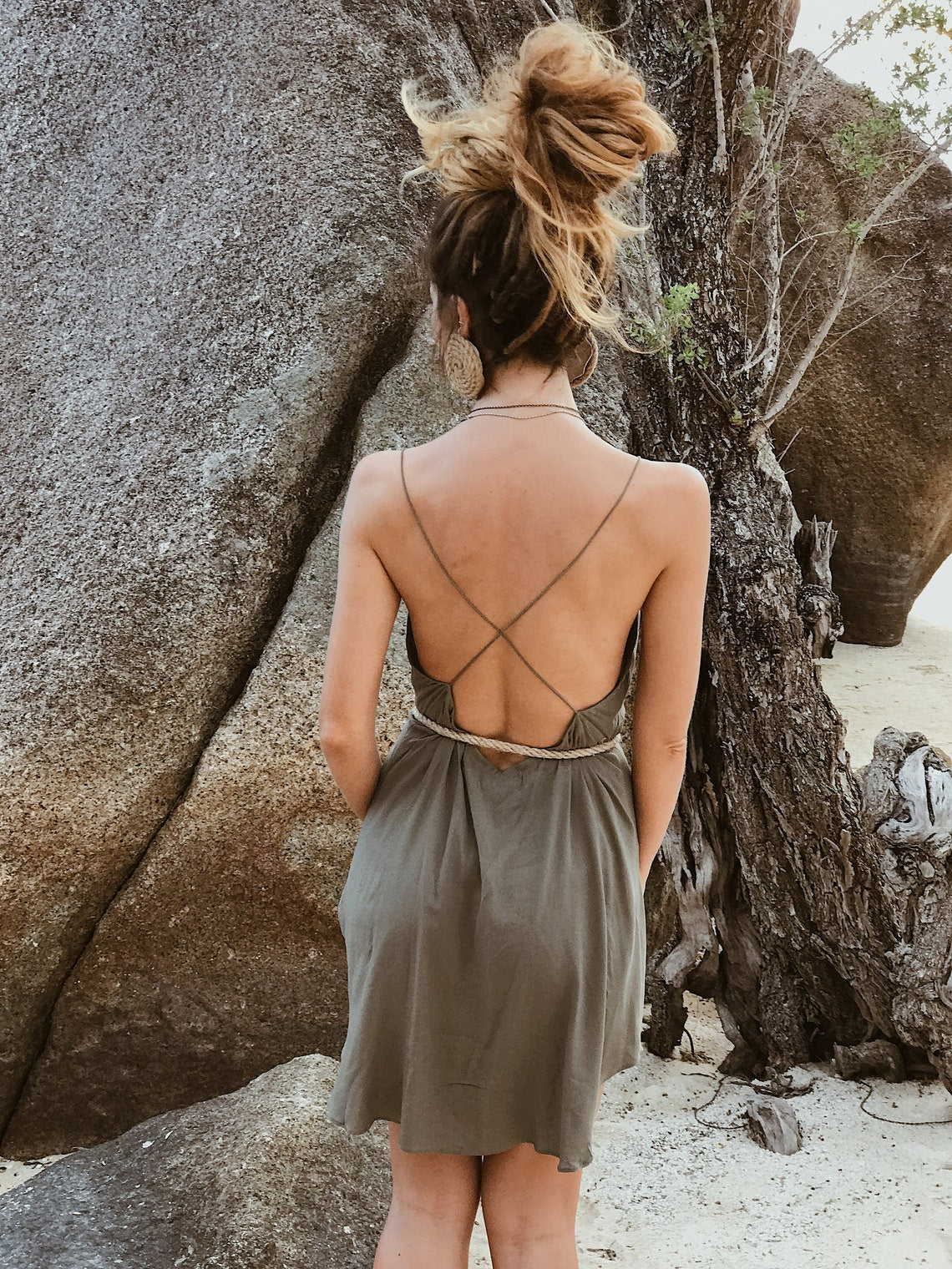 Women green slip dress with opened back |  Women short green dress |  Women olive dress |  Short green slip cocktail dress |  Green dress with laces