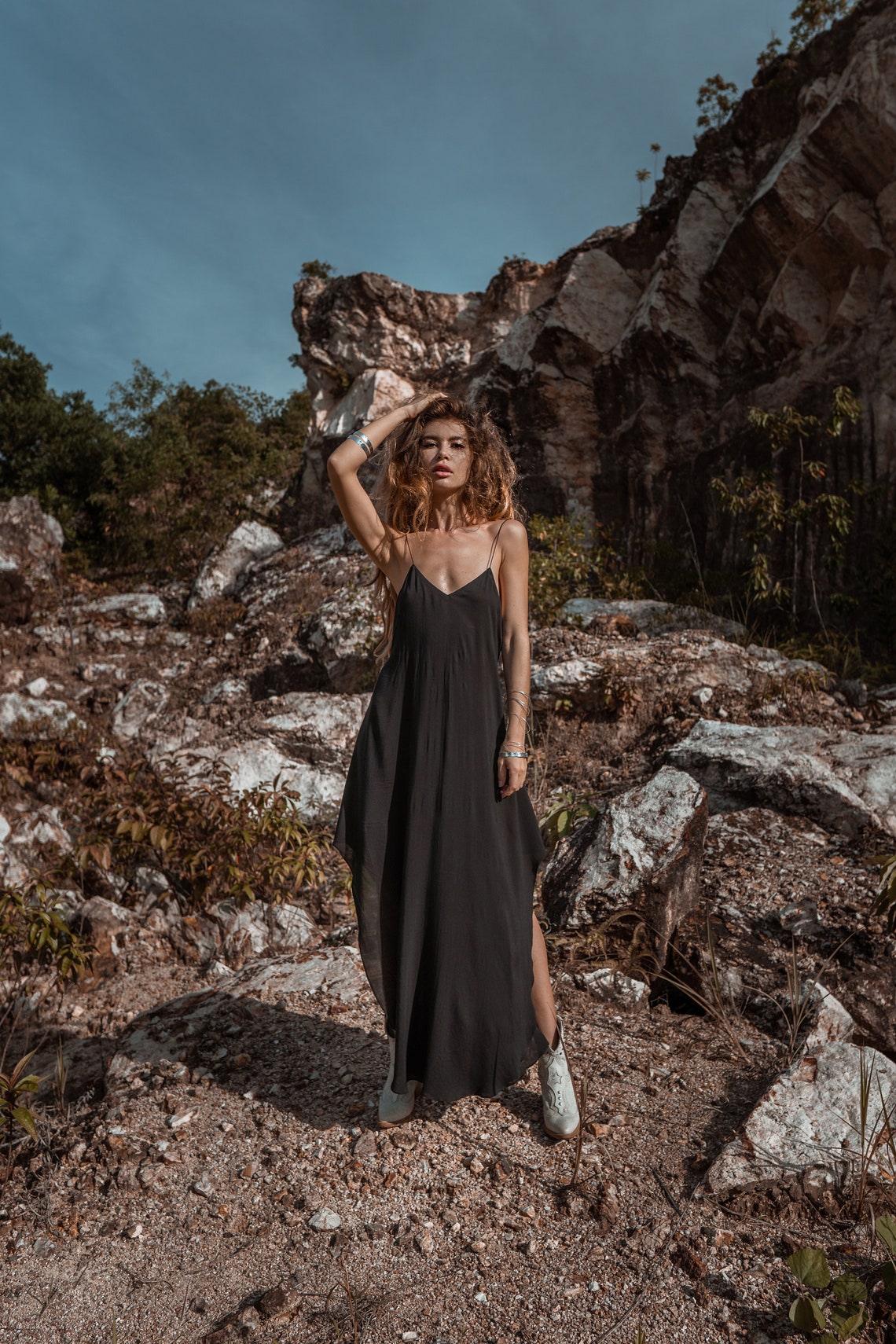 Women's Dress | Minimal | Dress | Dark | Cocktail | Party Dress | Maxi-length | Ankle length | Slip Dress | Black | Elegant | Cocktail