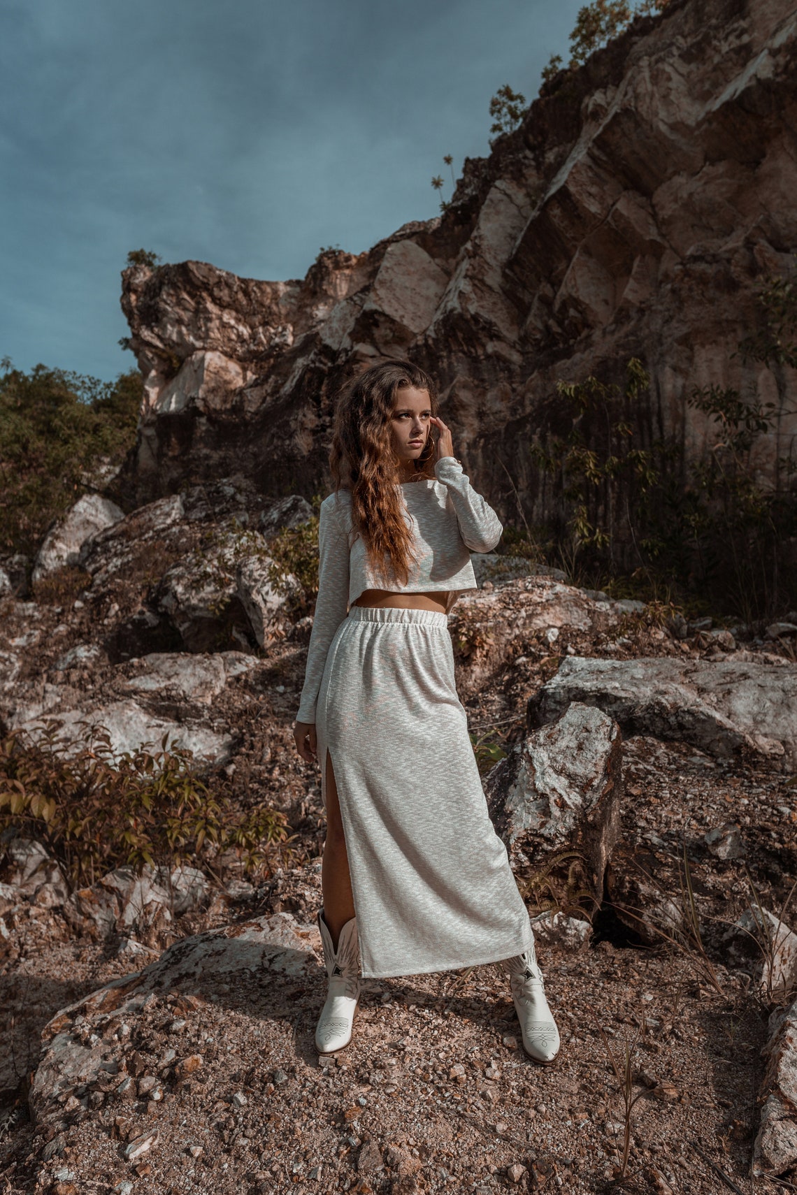 Women warm off white suit with skirt | Women autumn set | Spring women suit | Knitted women set Ivory knit women set White skirt women set