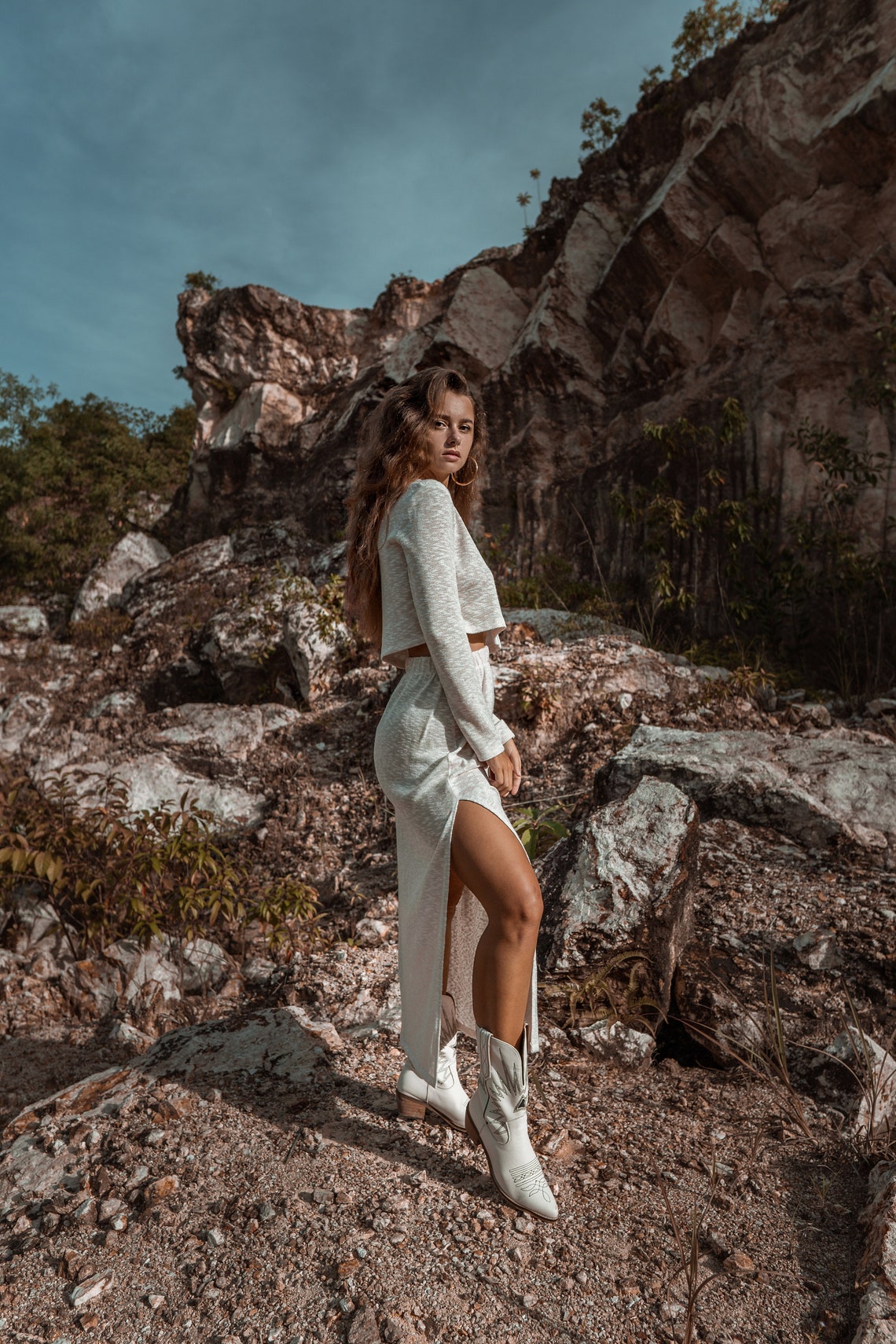 Women warm off white suit with skirt | Women autumn set | Spring women suit | Knitted women set Ivory knit women set White skirt women set