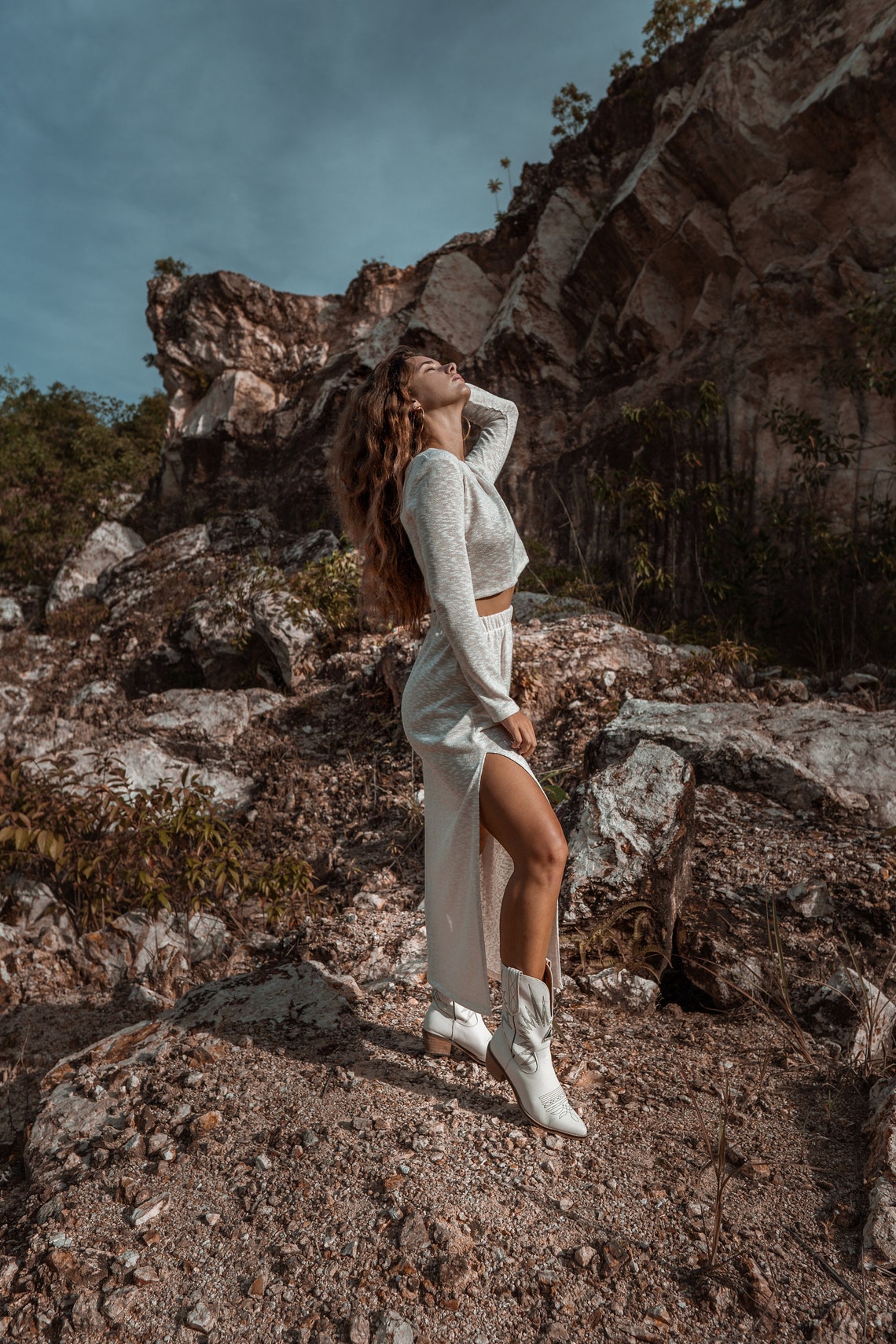 Women warm off white suit with skirt | Women autumn set | Spring women suit | Knitted women set Ivory knit women set White skirt women set