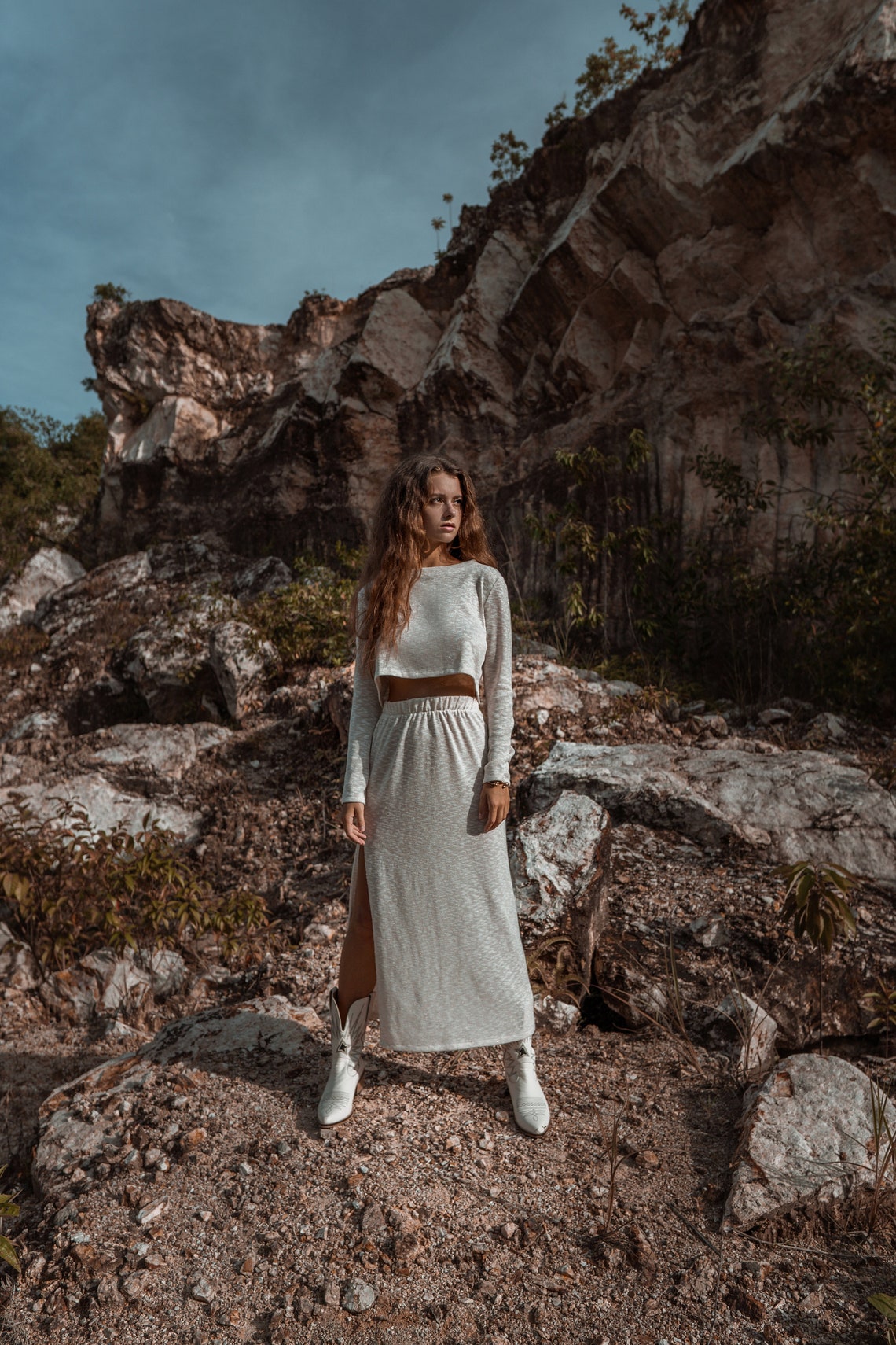 Women warm off white suit with skirt | Women autumn set | Spring women suit | Knitted women set Ivory knit women set White skirt women set