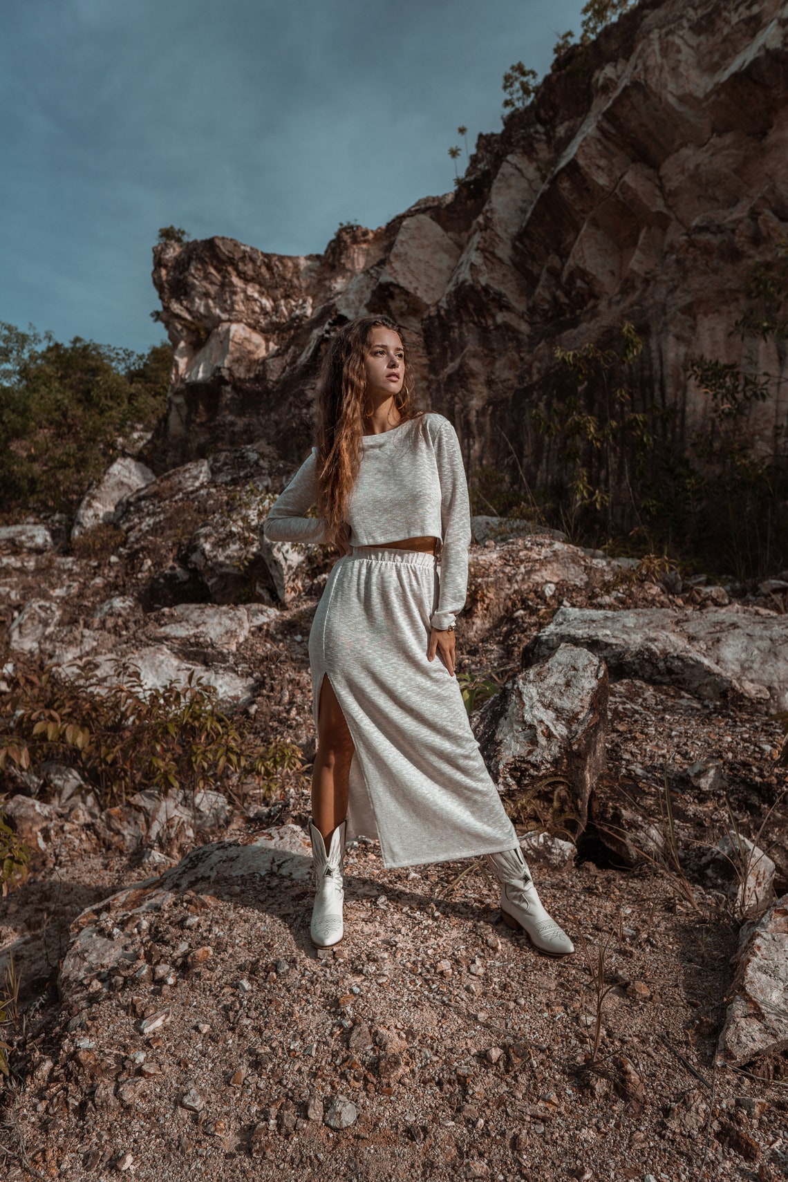 Women warm off white suit with skirt | Women autumn set | Spring women suit | Knitted women set Ivory knit women set White skirt women set