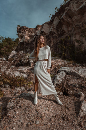 Women warm off white suit with skirt | Women autumn set | Spring women suit | Knitted women set Ivory knit women set White skirt women set