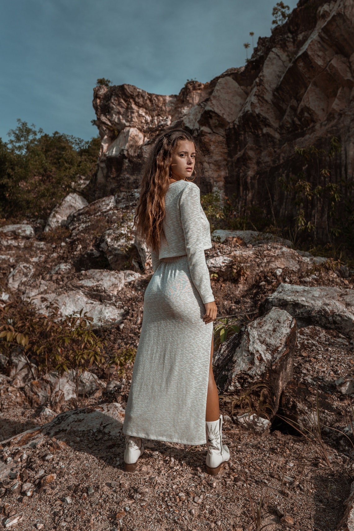 Women warm off white suit with skirt | Women autumn set | Spring women suit | Knitted women set Ivory knit women set White skirt women set
