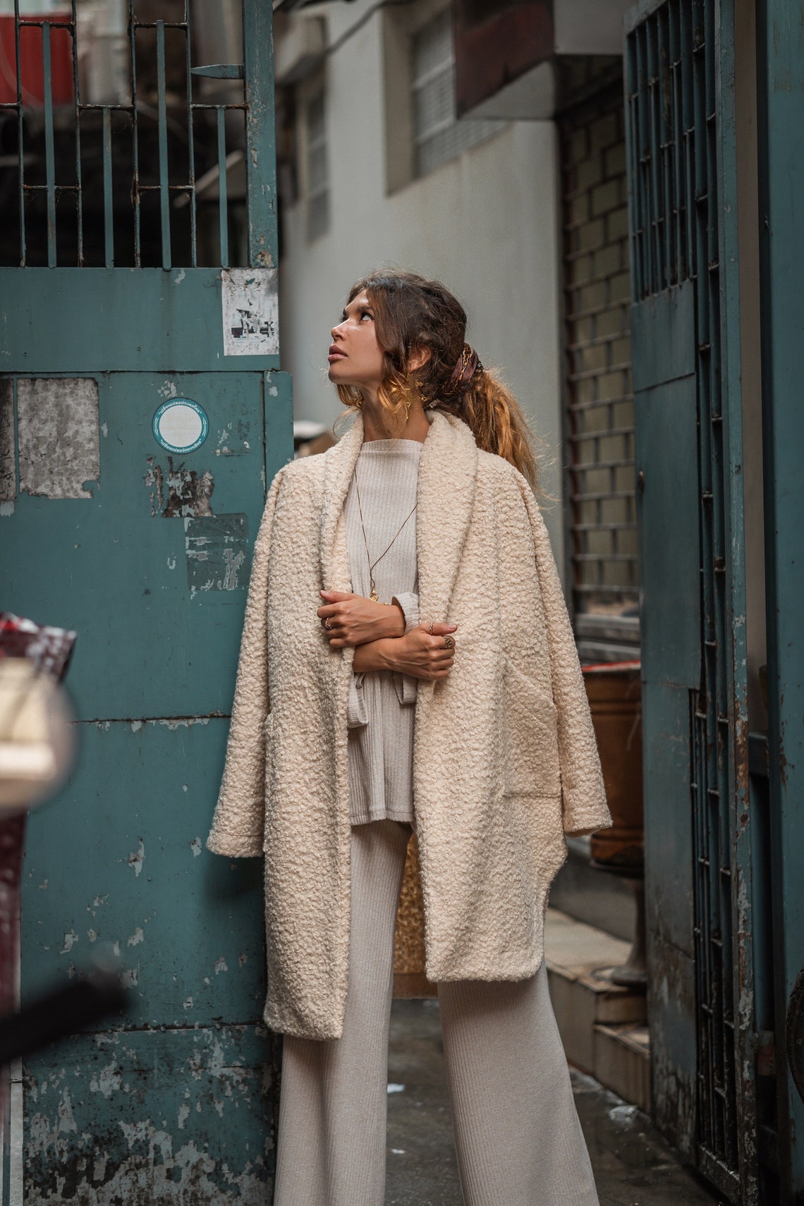 Women coat | Spring Coat | Autumn Coat | Off White women coat | Boucle coat | Long Sleeves coat | Midi coat | Fringe coat | Oversized coat |