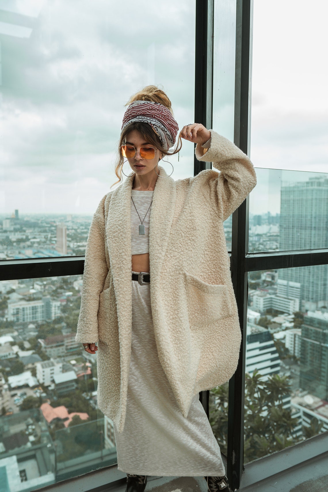 Women coat | Spring Coat | Autumn Coat | Off White women coat | Boucle coat | Long Sleeves coat | Midi coat | Fringe coat | Oversized coat |