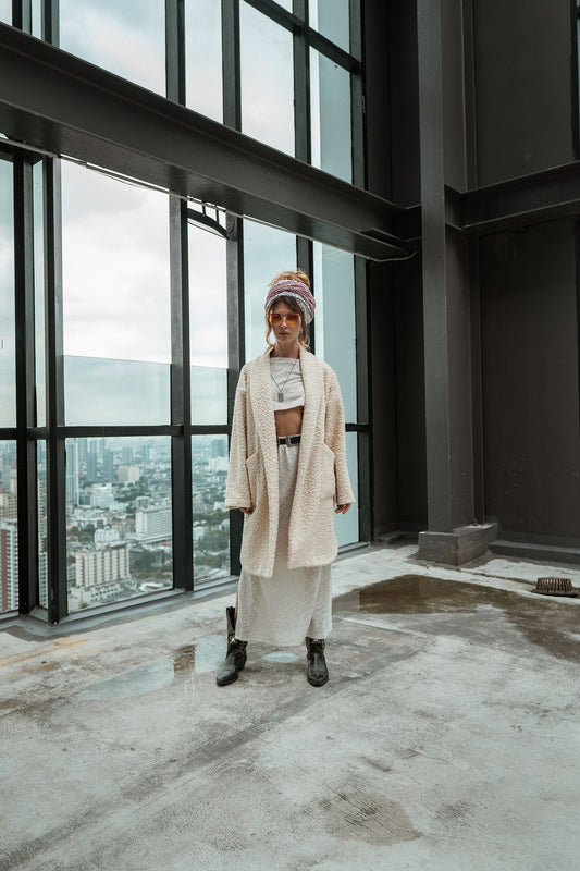 Women coat | Spring Coat | Autumn Coat | Off White women coat | Boucle coat | Long Sleeves coat | Midi coat | Fringe coat | Oversized coat |