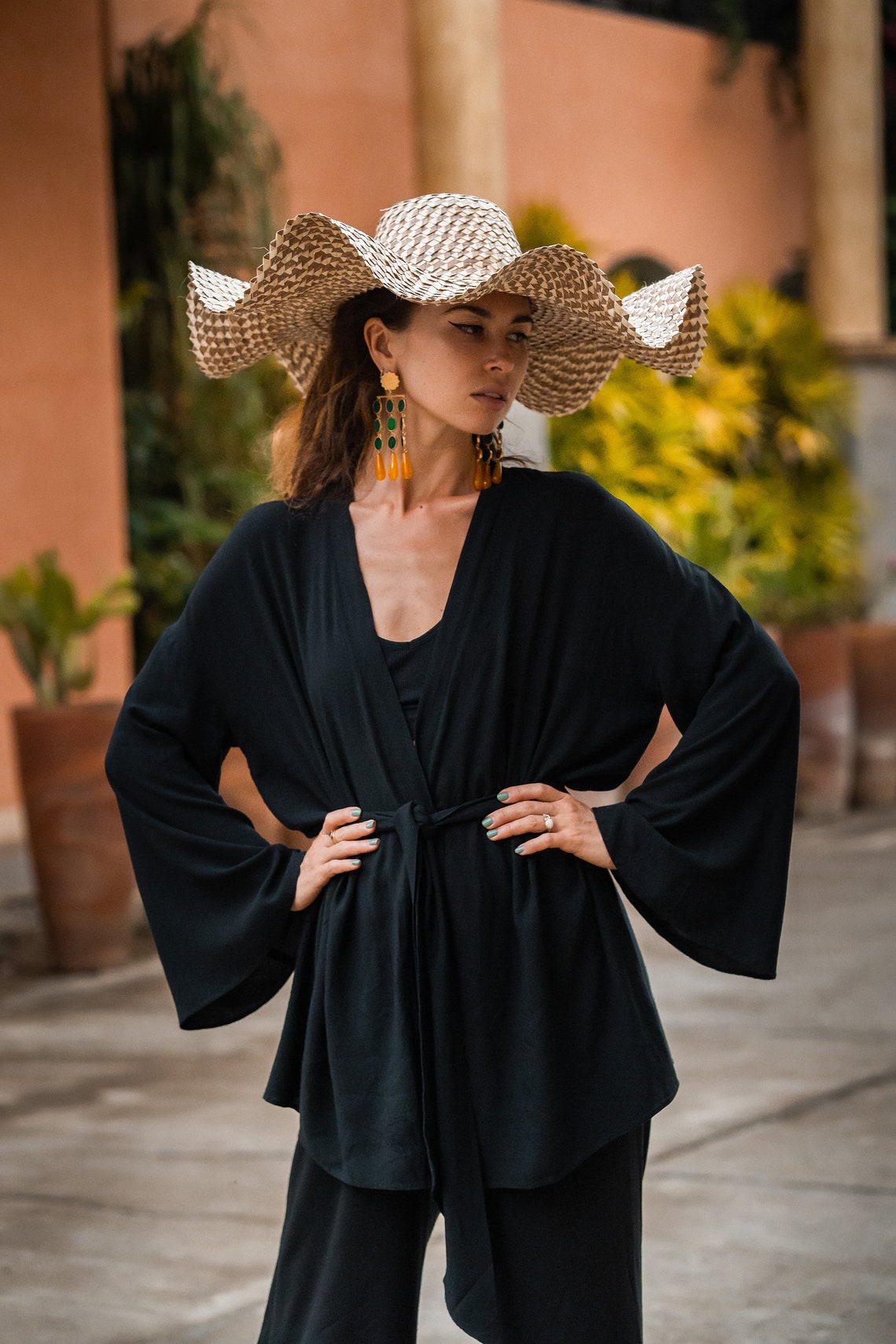 Women black kimono and pants elegant set