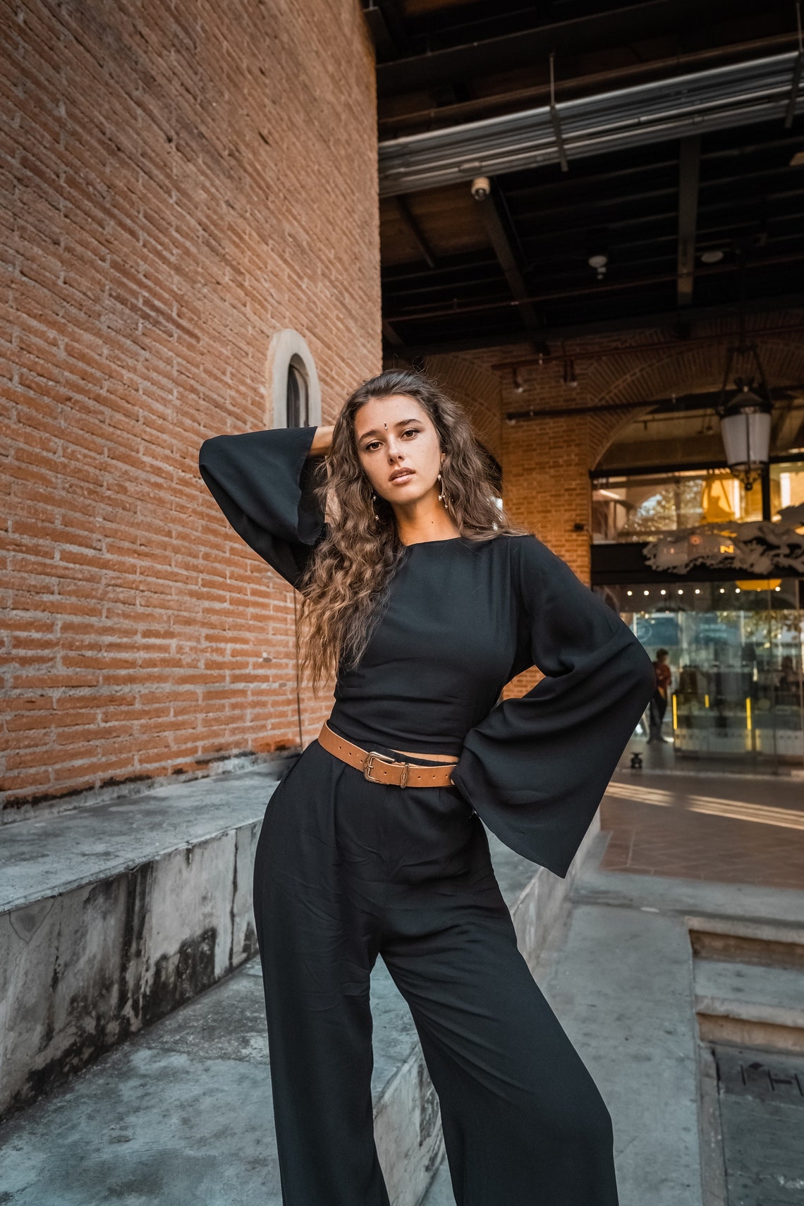 Women black top and pants elegant set | Black women suit | Top and pants set | Top and trousers suit | Gift women set Flare Sleeve women set