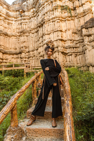 Women black top and pants elegant set | Black women suit | Top and pants set | Top and trousers suit | Gift women set Flare Sleeve women set