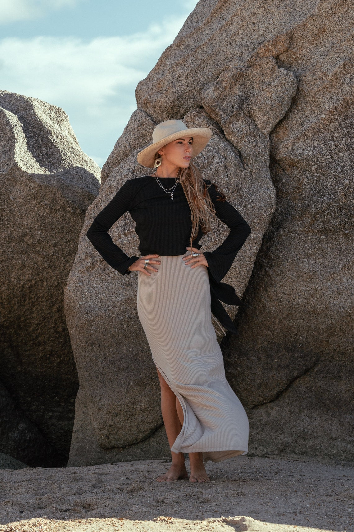 Women black knitted top with flared sleeves | Women knitted top with back tie | Women black back tie top | Elegant women top with long sleeves