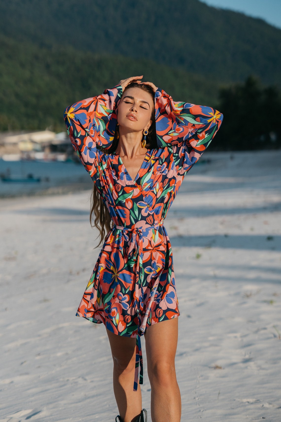 Women short wrap dress with floral print and flared sleeves | Vintage women wrap dress | Women retro wrap dress with print | Wrap dress with belt