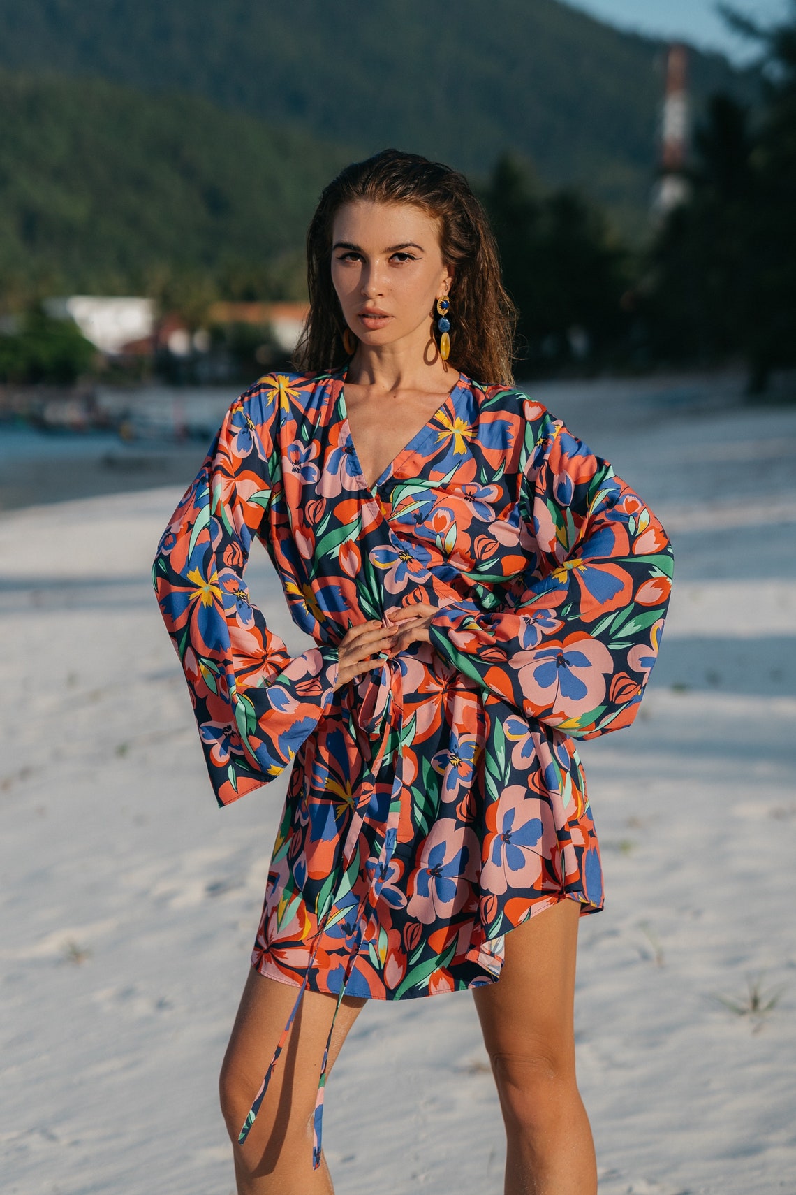 Women short wrap dress with floral print and flared sleeves | Vintage women wrap dress | Women retro wrap dress with print | Wrap dress with belt