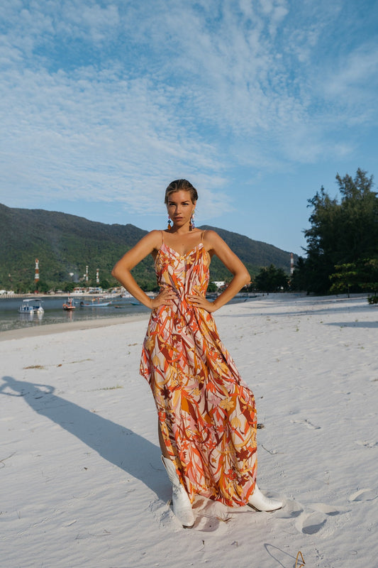 Women maxi floral print slip dress with opened back│Women maxi length retro dress│Women vintage dress│Maxi multicolored dress with slits