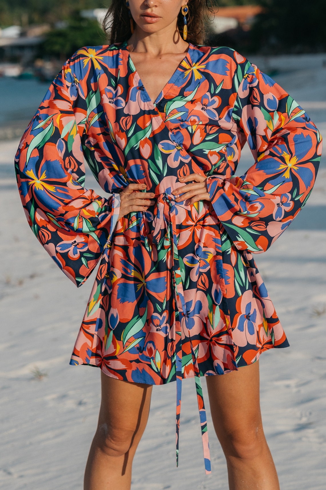 Women short wrap dress with floral print and flared sleeves | Vintage women wrap dress | Women retro wrap dress with print | Wrap dress with belt