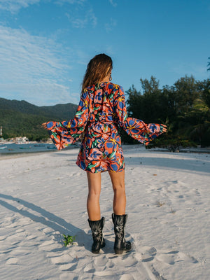 Women short wrap dress with floral print and flared sleeves | Vintage women wrap dress | Women retro wrap dress with print | Wrap dress with belt