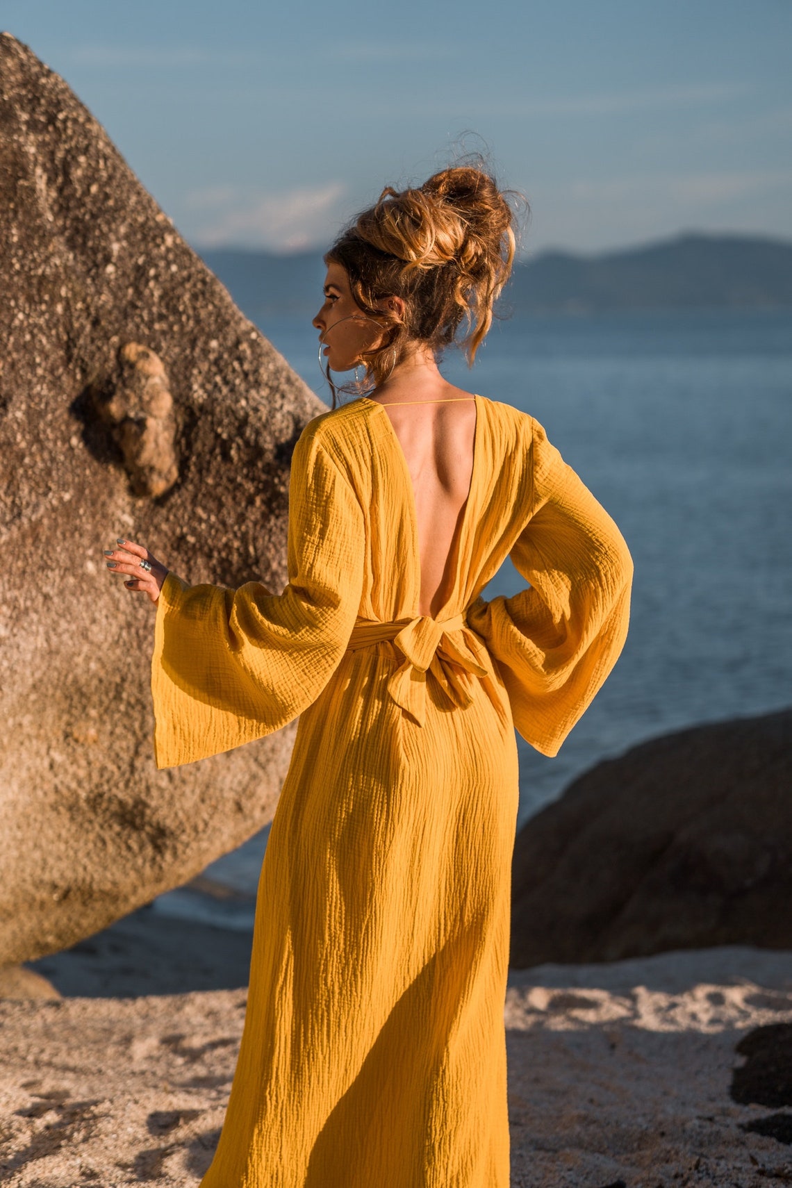 Women maxi cotton dress with long flared sleeves