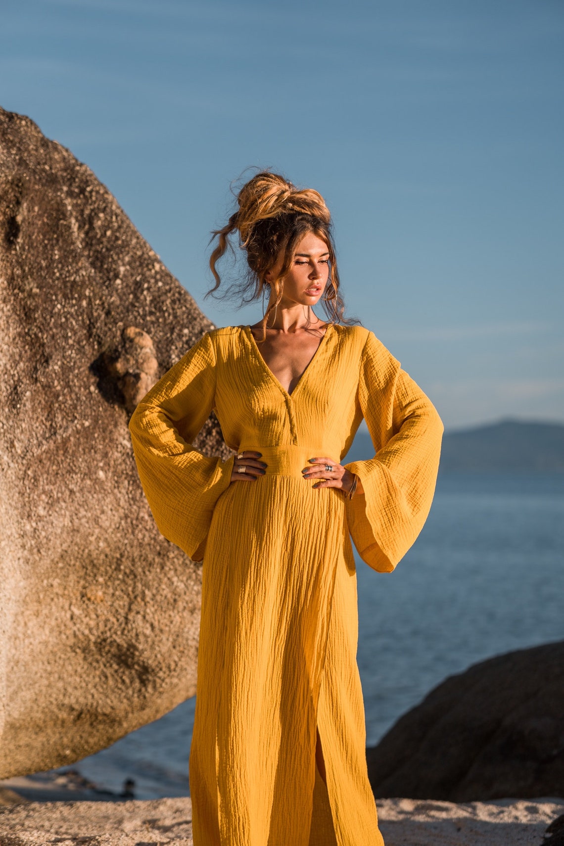 Women maxi cotton dress with long flared sleeves