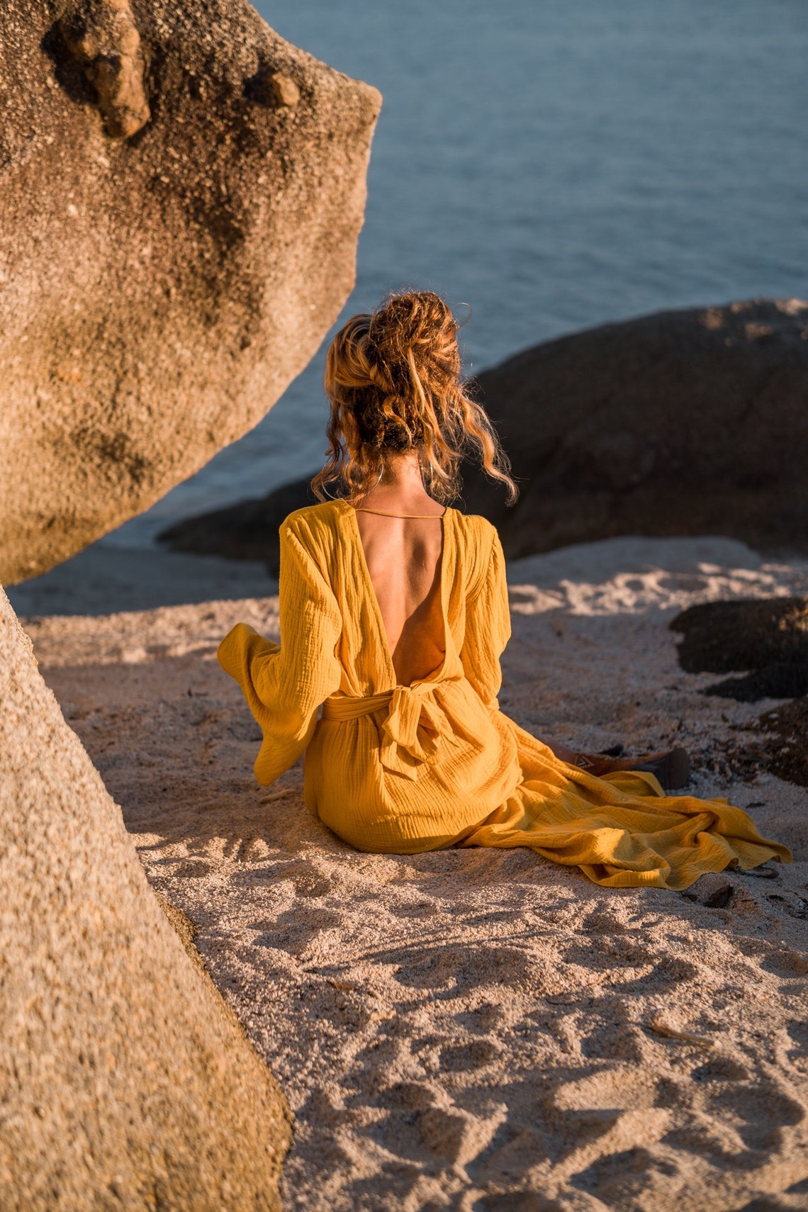 Women maxi cotton dress with long flared sleeves