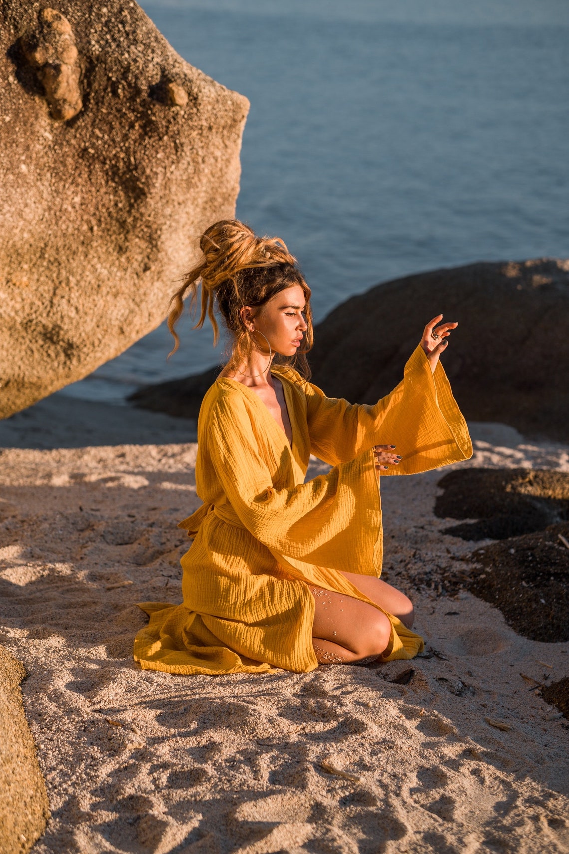 Women maxi cotton dress with long flared sleeves