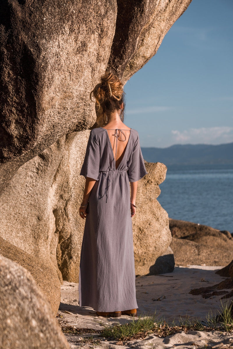 Women maxi grey kaftan dress with opened back