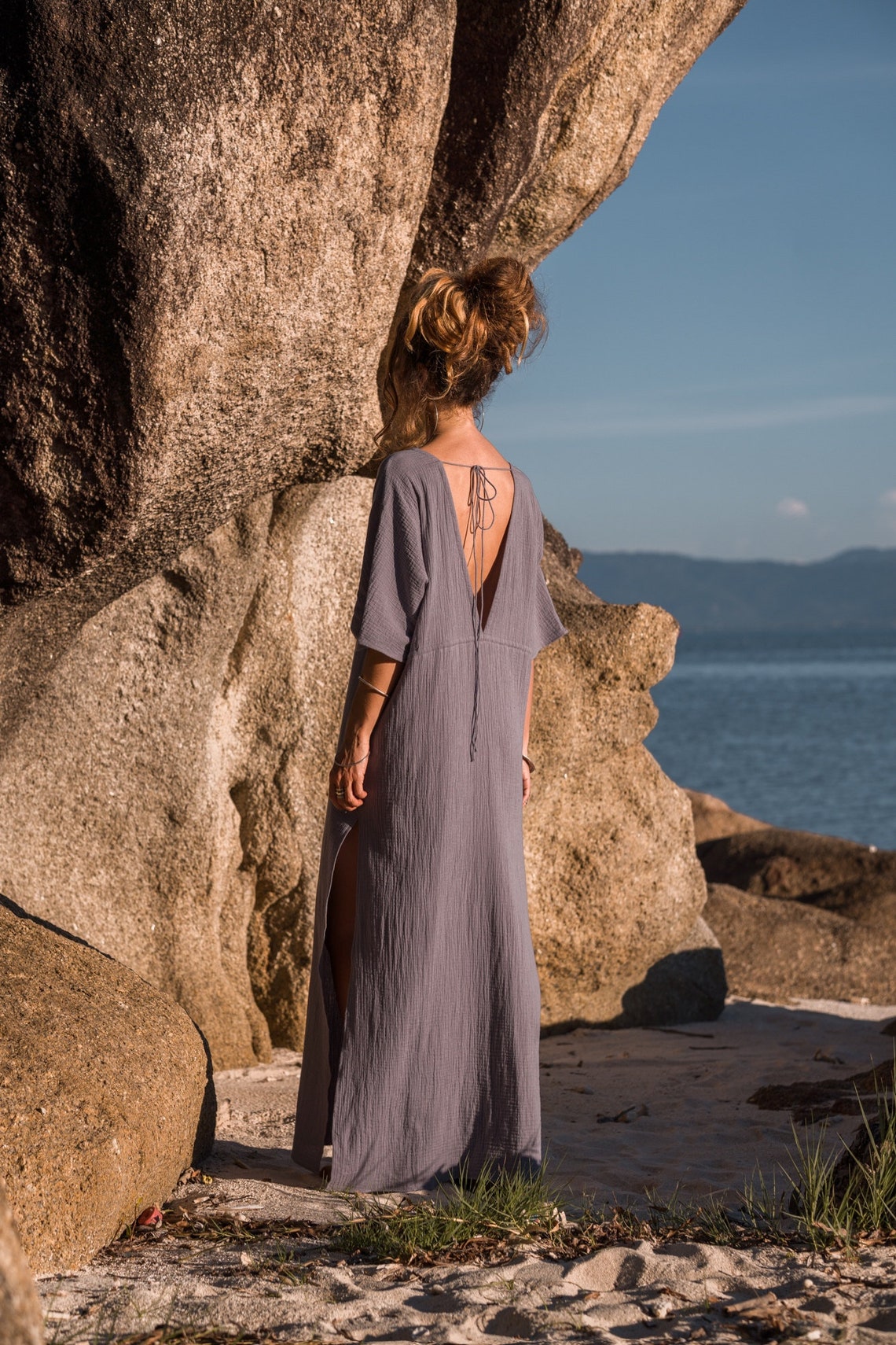 Women maxi grey kaftan dress with opened back