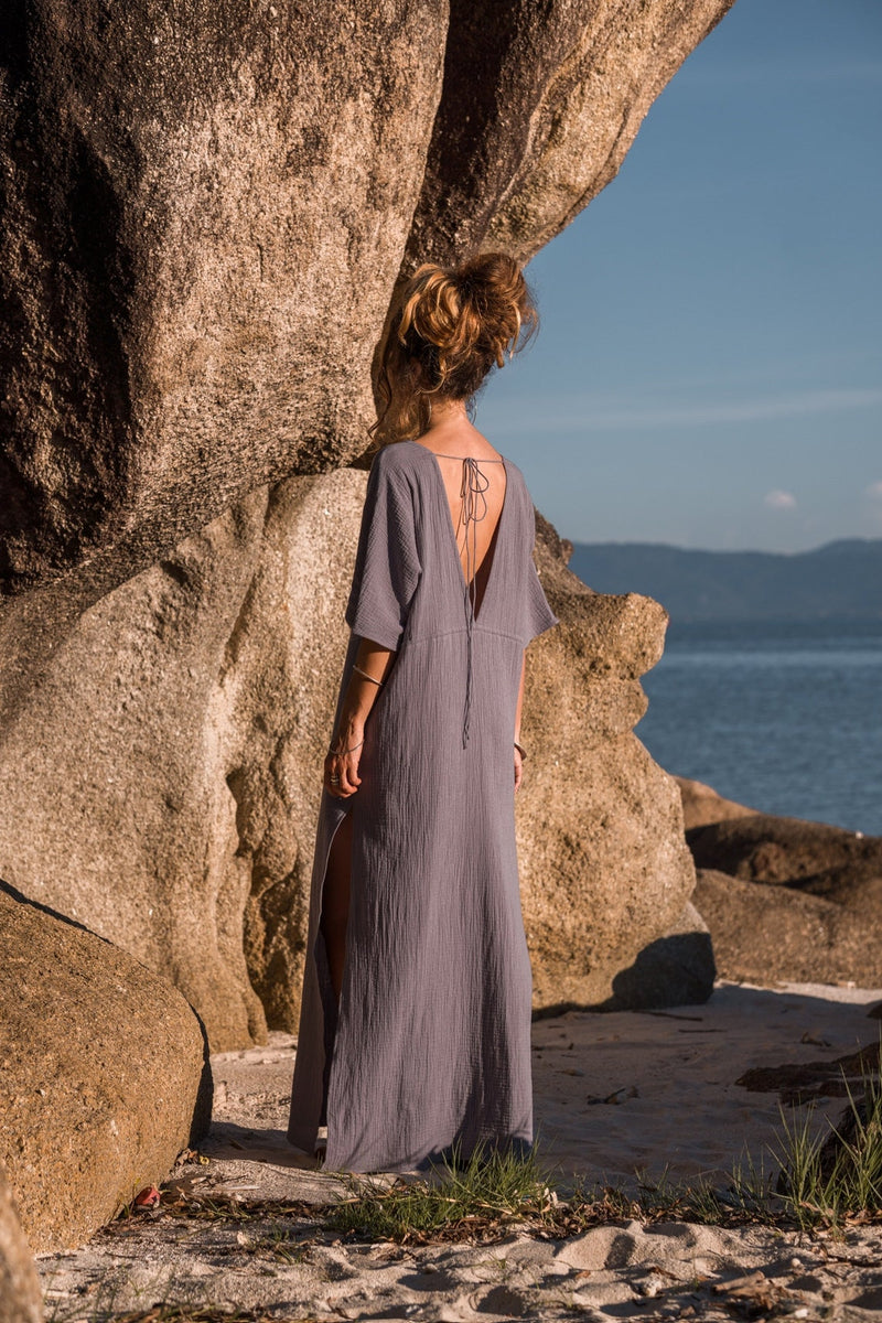 Women maxi grey kaftan dress with opened back