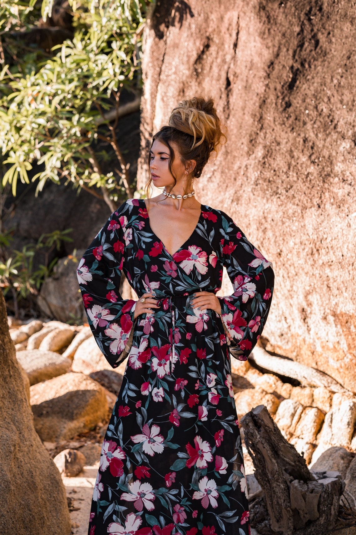 Women maxi black dress with flared sleeves | Women black dress with floral print | Black maxi viscose women dress with slits | Elegant dress