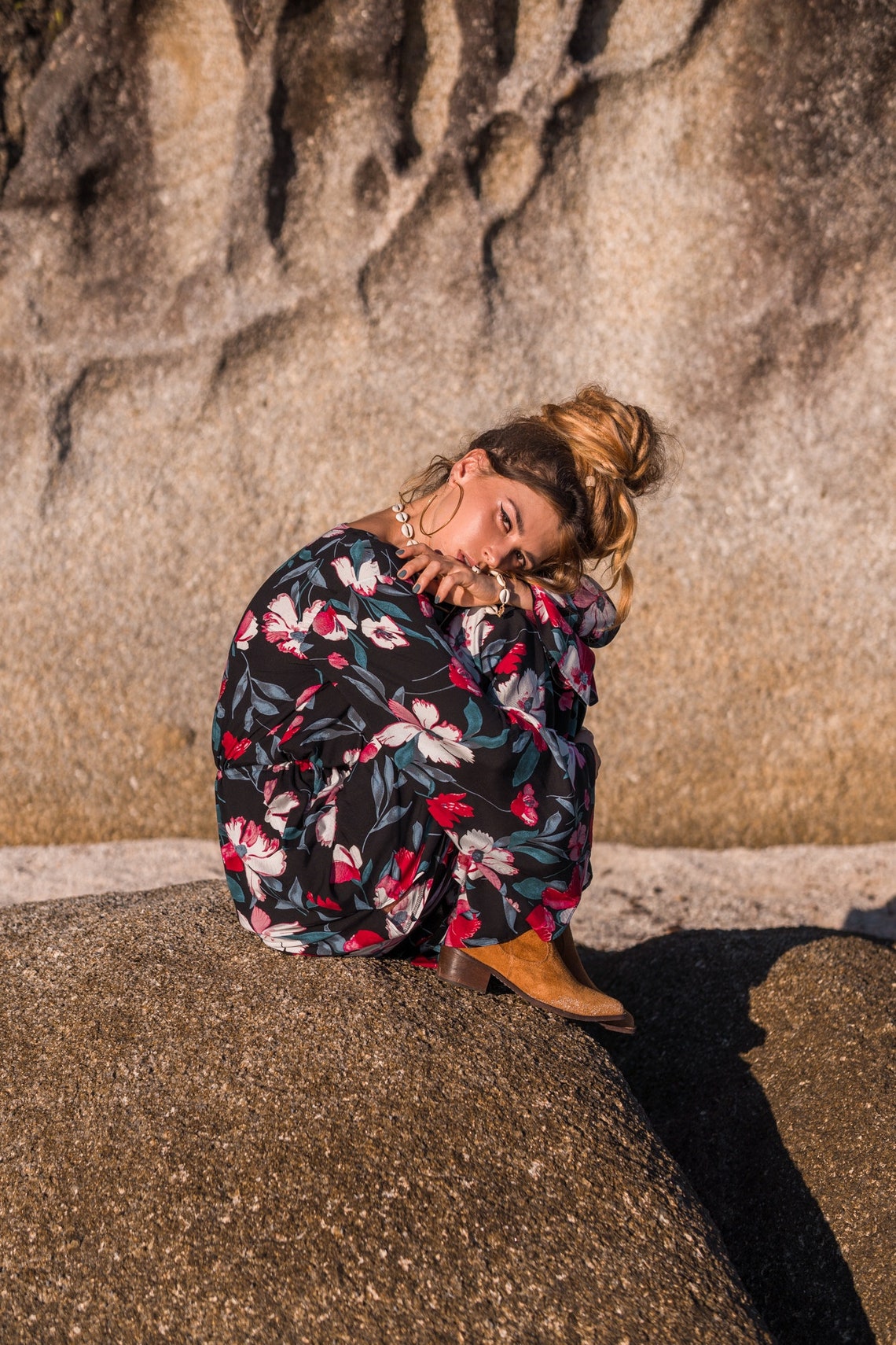 Women maxi black dress with flared sleeves | Women black dress with floral print | Black maxi viscose women dress with slits | Elegant dress