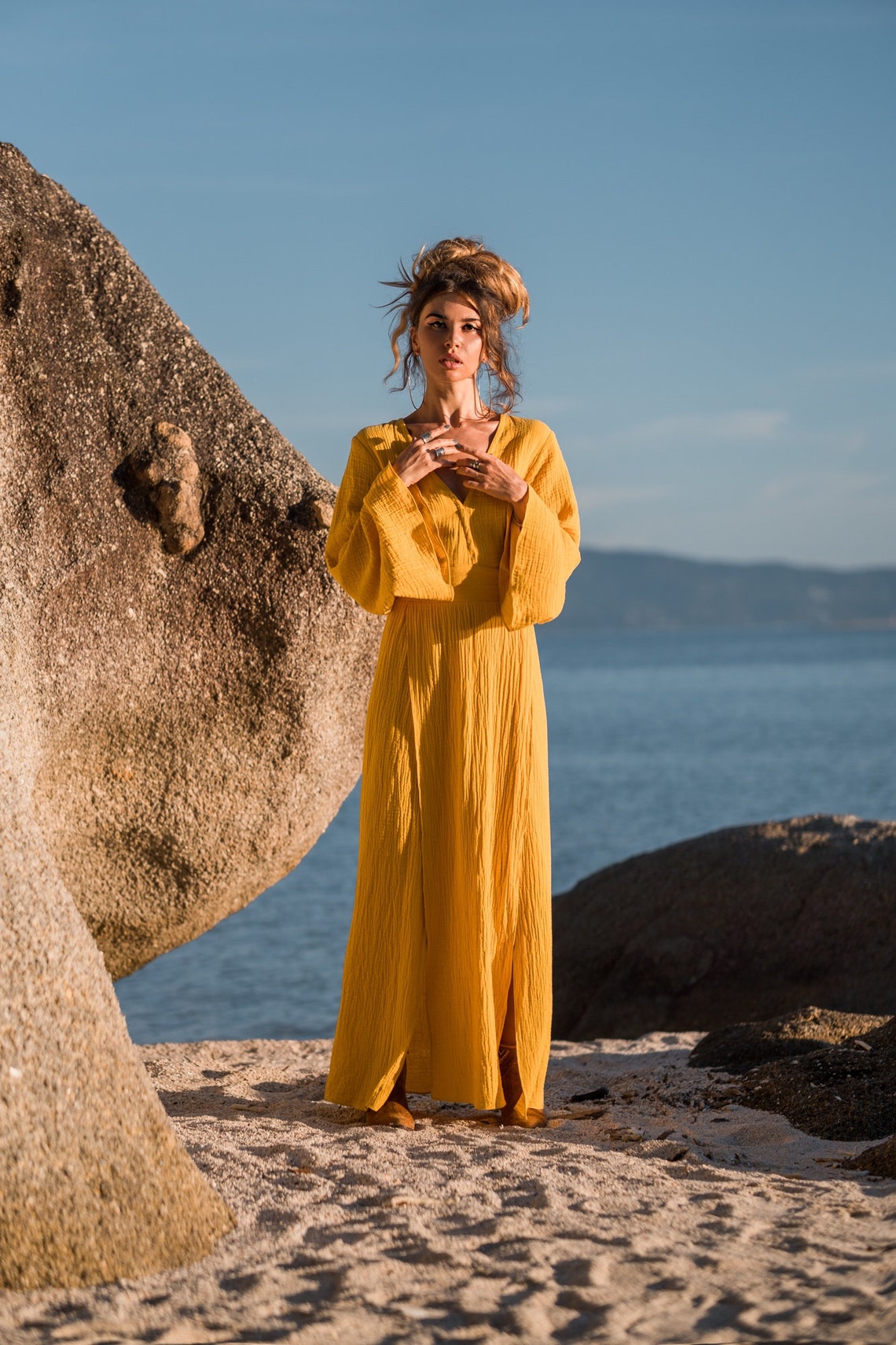 Women maxi cotton dress with long flared sleeves