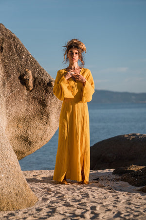 Women maxi cotton dress with long flared sleeves
