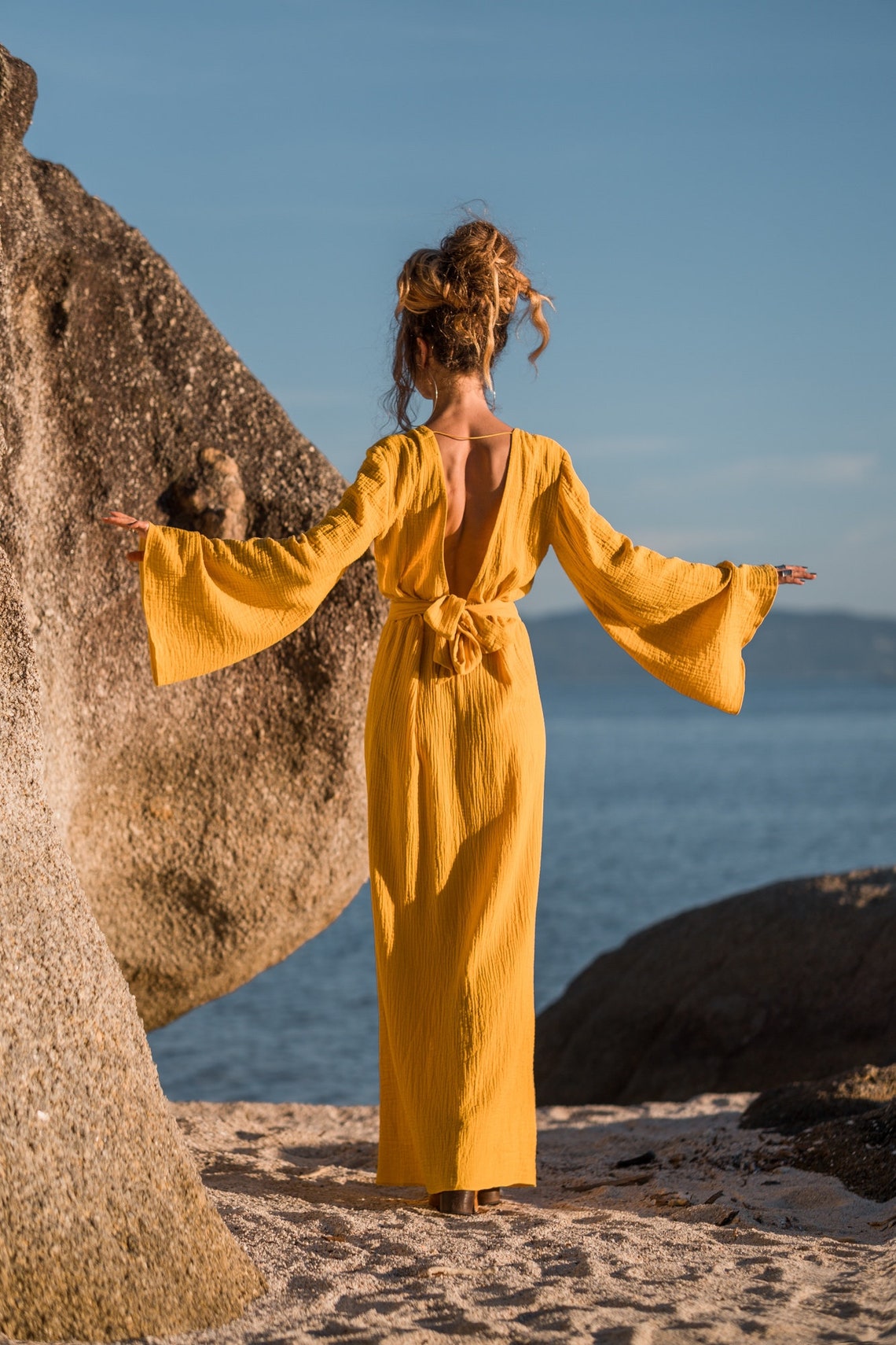 Women maxi cotton dress with long flared sleeves