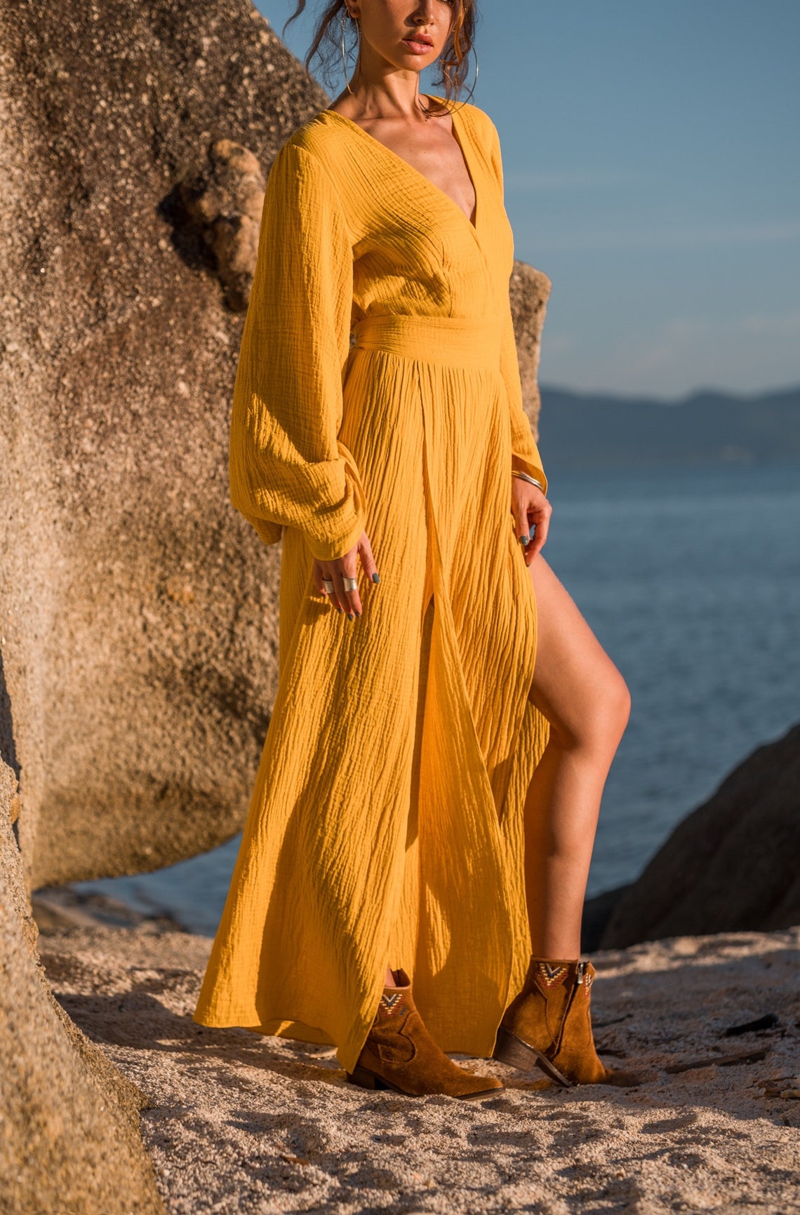 Women maxi cotton dress with long flared sleeves