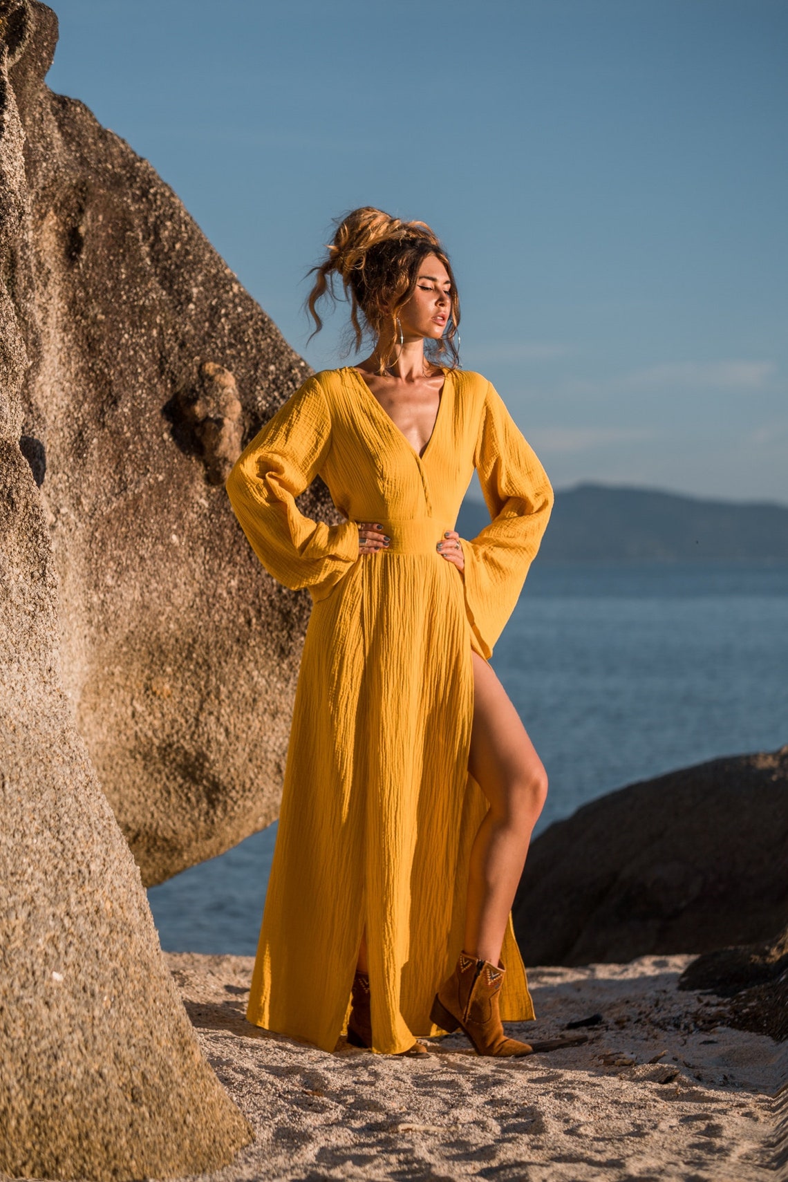 Women maxi cotton dress with long flared sleeves