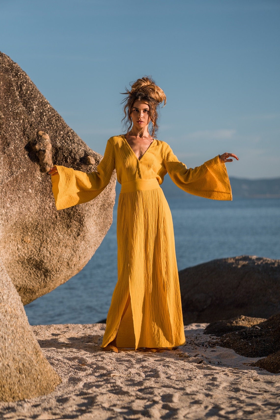 Women maxi cotton dress with long flared sleeves