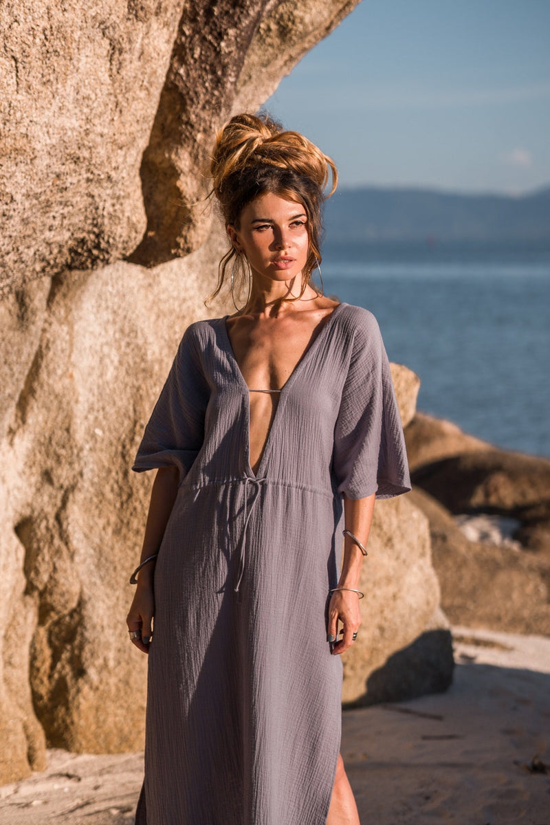 Women maxi grey kaftan dress with opened back