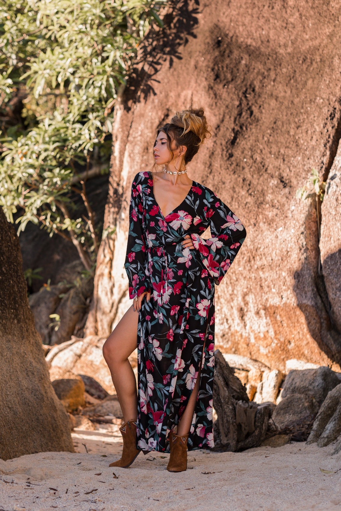 Women maxi black dress with flared sleeves | Women black dress with floral print | Black maxi viscose women dress with slits | Elegant dress