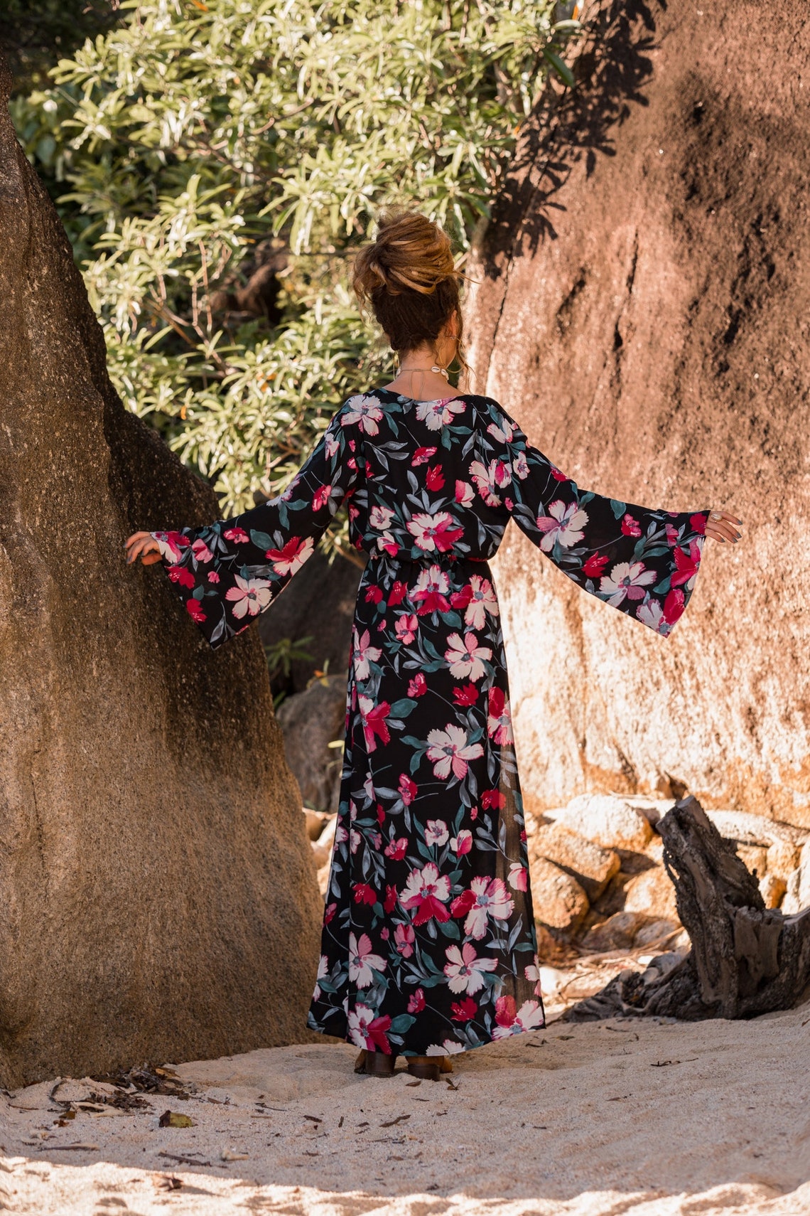 Women maxi black dress with flared sleeves | Women black dress with floral print | Black maxi viscose women dress with slits | Elegant dress