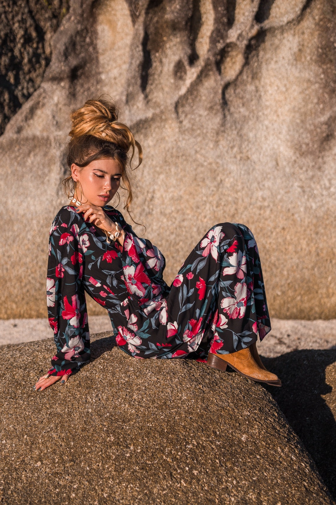 Women maxi black dress with flared sleeves | Women black dress with floral print | Black maxi viscose women dress with slits | Elegant dress