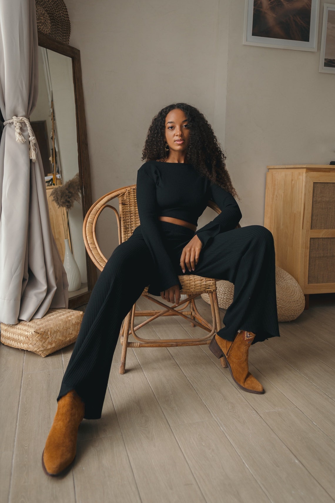 Women knitted black set with palazzo pants and wrap knitted top | Women knitted top with long flared sleeve | Long women palazzo flared pants