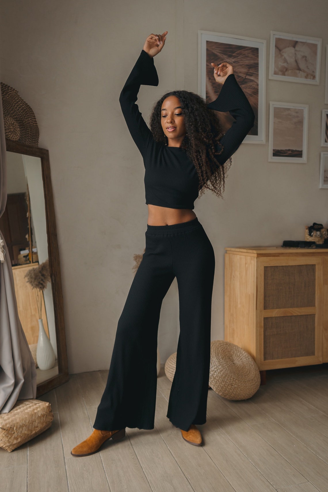 Women knitted black set with palazzo pants and wrap knitted top | Women knitted top with long flared sleeve | Long women palazzo flared pants