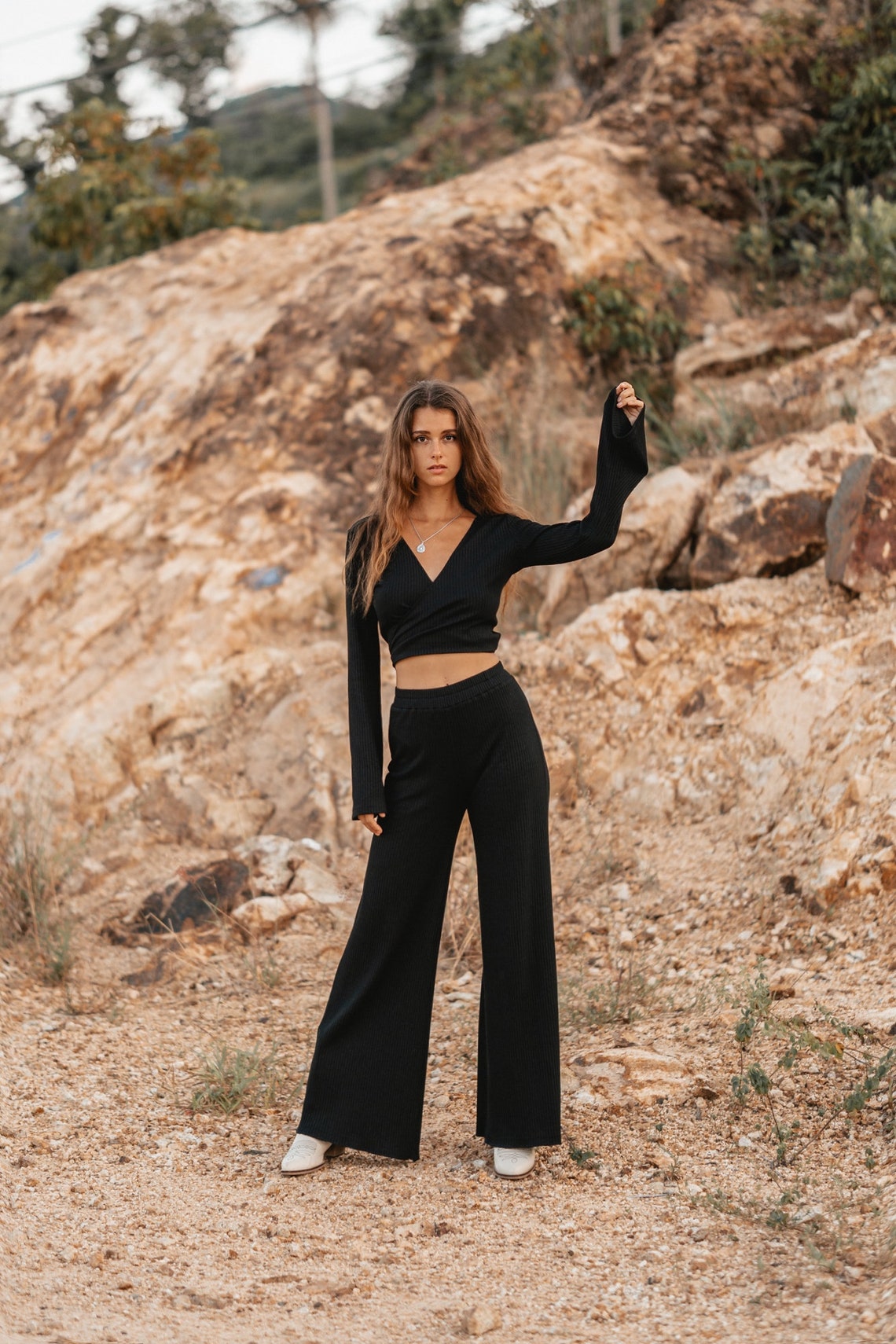 Women knitted black set with palazzo pants and wrap knitted top | Women knitted top with long flared sleeve | Long women palazzo flared pants