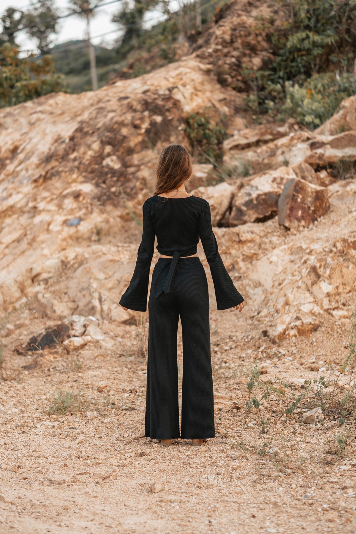 Women knitted black set with palazzo pants and wrap knitted top | Women knitted top with long flared sleeve | Long women palazzo flared pants