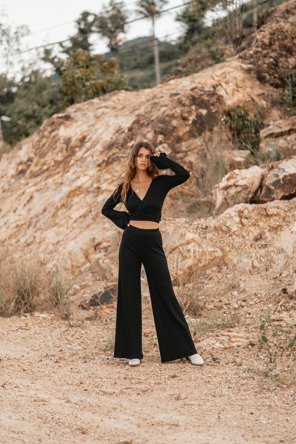 Women knitted black set with palazzo pants and wrap knitted top | Women knitted top with long flared sleeve | Long women palazzo flared pants