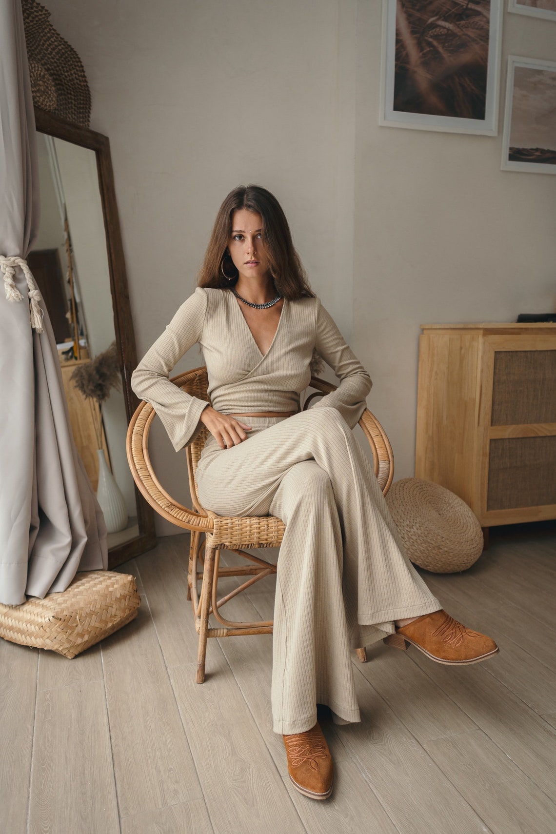 Women knitted beige set with palazzo pants and wrap knitted top, Women knitted top with long flared sleeve, Long women palazzo flared pants