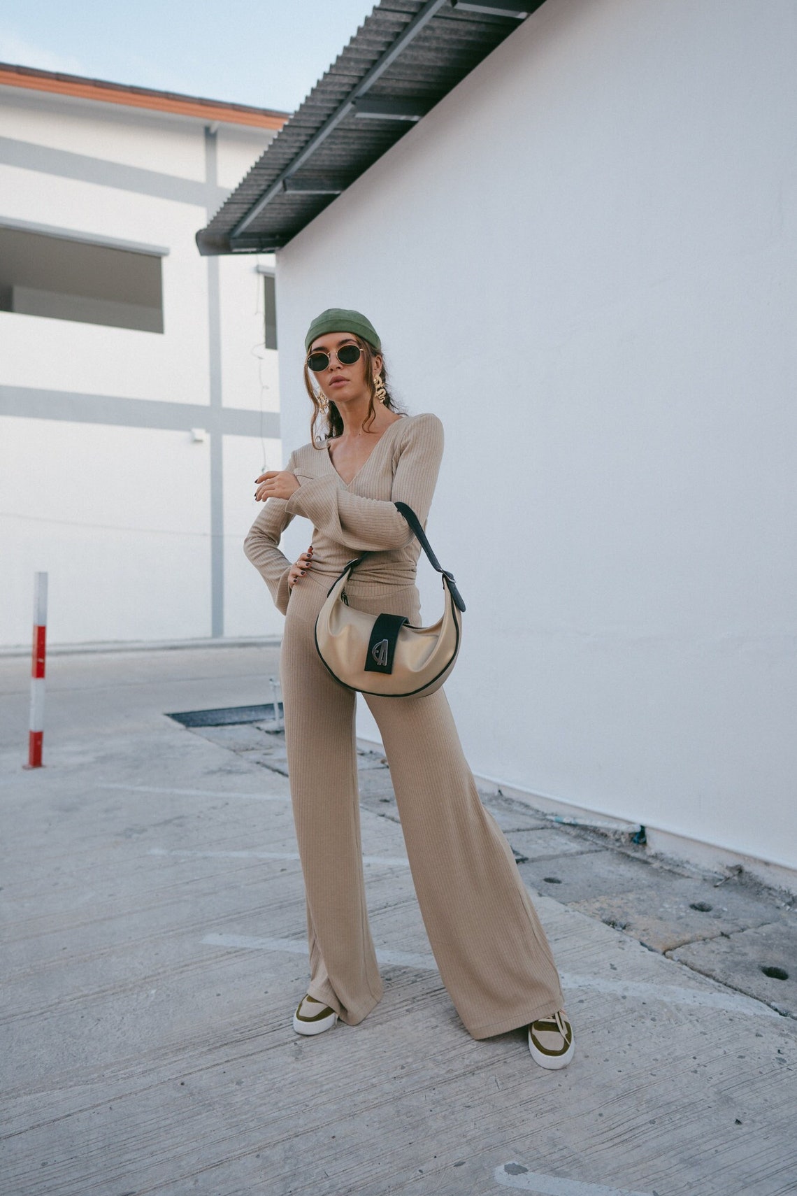 Women knitted beige set with palazzo pants and wrap knitted top, Women knitted top with long flared sleeve, Long women palazzo flared pants